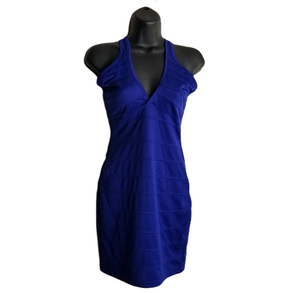 Royal Blue Bandage Dress Sz S Cross Back Bodycon Strappy Mini Y2K Cocktail Party
